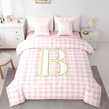 Erosebridal Checkered Initial B Twin Bed in A Bag 7 Piece Pink Plaid Check Comforter Set with Sheets Personalized Monogram Checkered Bedding Sets for Kids Adults,Trendy Grid Geometric Bed Set