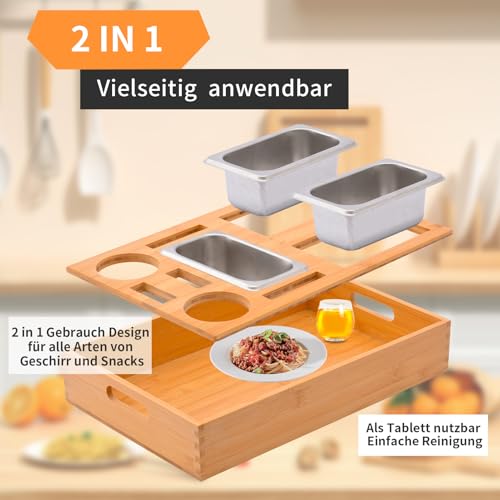 Couchbar Snackbox, Snackspender mit 3X Snackschale, Bambus Sofatablett für Sofa, Deko, Couch Bar mit Getränkehalter, Abnehmbarer Deckel, Snackbox mit Fächern, Couch Organizer Tablett, Sofa Butler