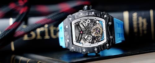 Image of TSAR BOMBA Men's Automatic Watch Tonneau Luxury Skeleton Watches for Men Mechanical 50M Waterproof Analogue Watches Mens Unique Cool Square Big Face Dial Wristwatch with Silicone Strap Band