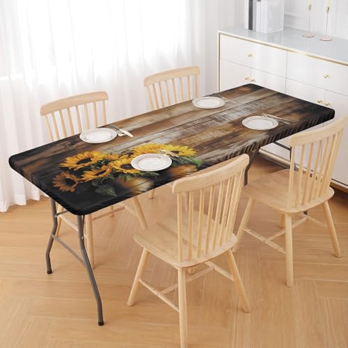 Irisbell Picnic Table Cover,Rectangle Elastic Waterproof Fitted 6FT Table Cloth,Windproof Wipeable Camping Patio Garden Beach Tablecloth for Indoor Outdoor (Rustic Woodgrain, 30'' x 72'')