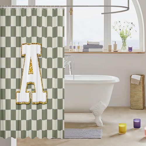 Image of Erosebridal Sage Green Checkered Shower Curtain 72 inch Wx72 L Plaid Initial A Bathroom Curtain Personalized Monogram Bathroom Accessories for Kids Adults,Fashion Grids Gingham Shower Decor