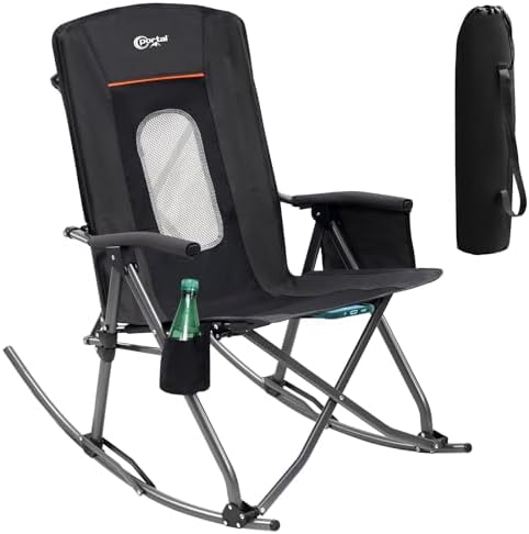 PORTAL Oversized Folding Rocking Camping Chair Portable Outdoor Rocker with High Back Hard Armrests Carry Bag, Supports 400 lbs, Mesh Back, Black