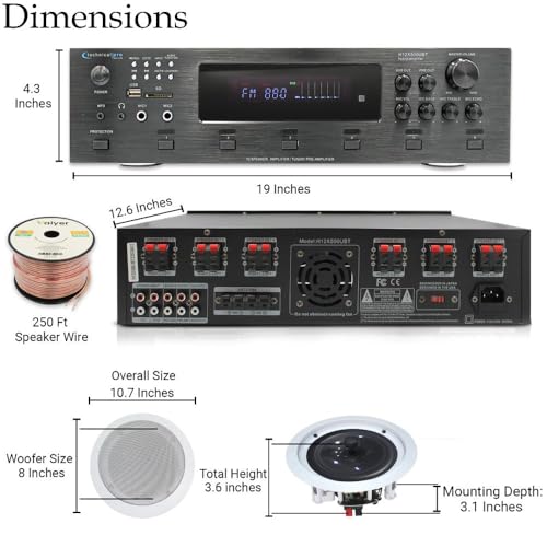 Image of Technical Pro Home Theater System Kit - 6 Channel 6000 Watts Bluetooth Amplifier, 8 Qty of 8 inch Framed Ceiling Speakers 300 W Each, 16 AWG 500 ft Speaker Wire & Remote Ideal for Home, Office