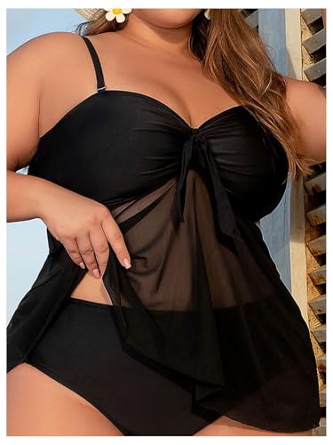 WDIRARA Women's Plus Size Knot Front Mesh Tankini Top Flowy Swimsuit Top Only3
