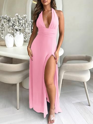 Image of Ekaliy Womens Sexy Halter Deep V Neck Maxi Dress Sleeveless Backless Split Long Dress