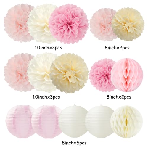 Image of Pink Beige Yellow Party-Decorations Paper-Flowers - 15pcs Tissue Pom Poms Lanterns Streamers,Birthday Baby Bridal Shower Bachelorette Hanging Supplies Hugfond