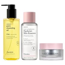 زيت تنظيف المسام Hanskin Glass Care Trio PHA، كريم Hyaluron Skin Essence & Moisture Cream | مجموعة العناية بالبشرة الكورية المكونة من 3 خطوات للبشرة الحساسة والجافة والمختلطة | الترطيب والعناية بالمسام والتقشير اللطيف