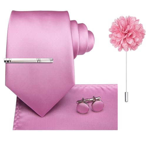 Image of Hi-Tie Solid Pink Silk Ties for Men Formal Classic Necktie and Pocket Square Lapel Pin Silver Tie Clip Cufflinks Set Wedding Business 6PCS