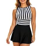 Vestido bañador Mujer Rayas Verticales, bañador Falda Cuello Redondo, bañador Reductor con Fruncidos, Tejido elástico Secado rápido, Playa Piscina Vacaciones Verano