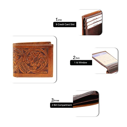 American Bison RFID Wallet for Men – Hand-Tooled Floral Cowhide Leather Bifold Wallet with Gift Box (Light Brown)3