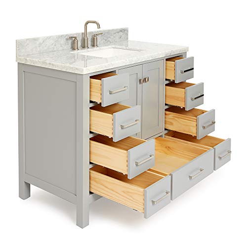 Ariel 43" Inch Grey Bathroom Vanity W/ 1.5" Edge Italian Carrara Marble Countertop & Backsplash | Rectangular Sink | 2 Soft Closing Doors And 9 Full Extension Dovetail Drawers | Satin Nickel Pulls #TOP4