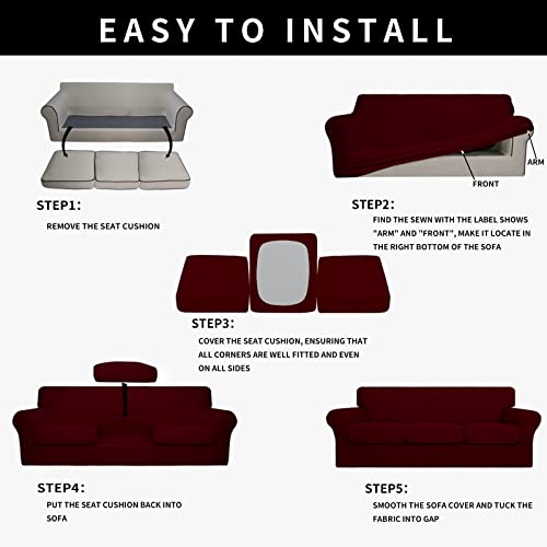 Image of Easy-Going Waterproof 4 Pieces Stretch Couch Cover for 3 Cushion Wine | 100% Dual Waterproof Sofa Slipcover for 3 Separate Cushion Couch Leakproof Furniture Protector for Kids, Pets