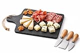 VICEMA Tabla de cocina de Pizarra para cortar y Servir Quesos, Patés, Embutidos, Carnes y Pescados. Incluye 3 cuchillos de acero inoxidable y mango de madera