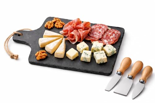 VICEMA Tabla de cocina de Pizarra para cortar y Servir Quesos, Patés, Embutidos, Carnes y Pescados. Incluye 3 cuchillos de acero inoxidable y mango de madera