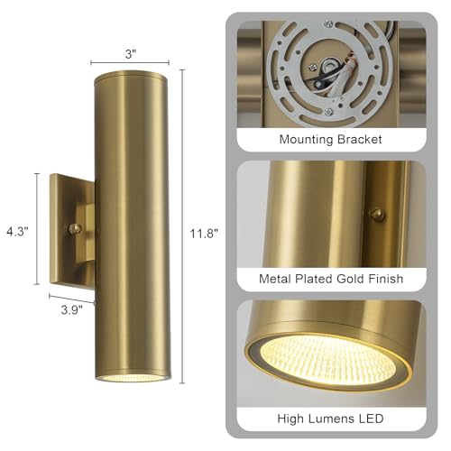 Image of 2 Packs Up and Down Lights Outdoor Wall Light Fixture 11.8 inch Gold Outdoor Sconces Wall Lighting Mount on House Porch & Patio Garage Entrance