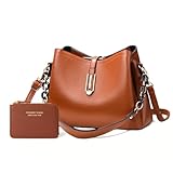 Bolsa Feminina Couro Plutônio Bolsa de Ombro Mão Transversal para Uso Diário Luxo Bolsa de Mão Multicamadas Tamanho Médio Moderna (Marrom + Carteira)