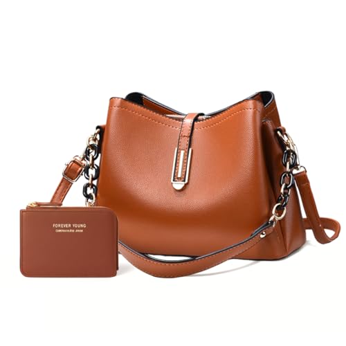 Bolsa Feminina Couro Plutônio Bolsa de Ombro Mão Transversal para Uso Diário Luxo Bolsa de Mão Multicamadas Tamanho Médio Moderna (Marrom + Carteira)