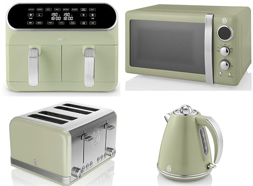 Swan Retro Green 1.5L 3KW Jug Kettle, 4 Slice Toaster, 8L Dual Basket Air Fryer and 800W 20L Microwave. Matching Retro Design Kitchen Appliances Set in Vintage Green