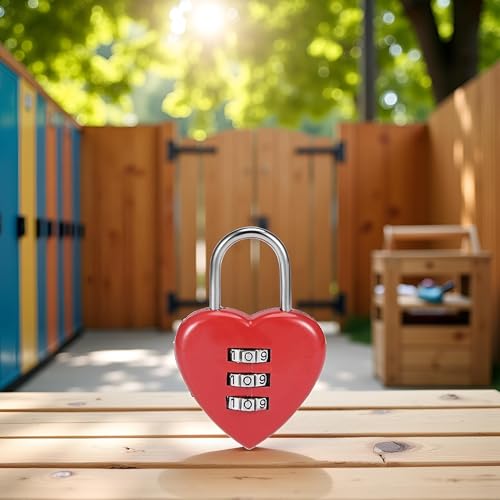 Image of Combination Lock, Heart Shape 3 Digital Password Padlock, Mini Outdoor Combo Gate Lock for School Gym Locker, Fence Gate, Toolbox, Employee Hasp Locker Combination Padlocks (Red)