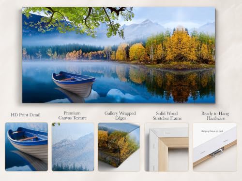 Image of Arjun Lake Canvas Wall Art Blue Mountain Sky Nature Landscape Picture Boat Artwork Modern Scenic Painting Framed Large for Living Room Bedroom Bathroom Dinning Room Home Office Wall Decor 40 inchx20 inch | Wall Art for Living Room Picture Bedroom Nature Mountain Artwork Modern Nature Scenery Home Office Dining Room Wall Decor