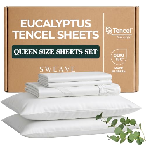 Sweave Eucalyptus Sheets – Cooling Tencel Sheets Queen Blend with Egyptian Cotton, Ultra-Soft Breathable Percale Weave 4-Piece Bedding Set for a Luxurious, Refreshing Sleep (White)