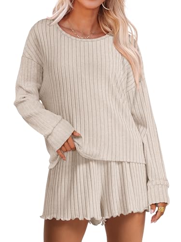 ANRABESS Women's 2 Piece Lounge Pajama Sets Casual Ribbed Long Sleeve Top Matching Shorts Sleepwear PJ Set 2025 Fall Outfits Medium Light Khaki