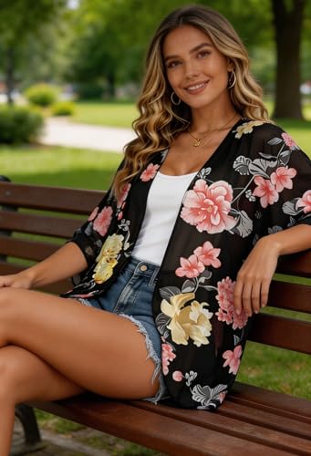 Image of FINOCEANS Womens Floral Chiffon Kimono Cardigans Loose Beach Cover Up Half Sleeve Tops