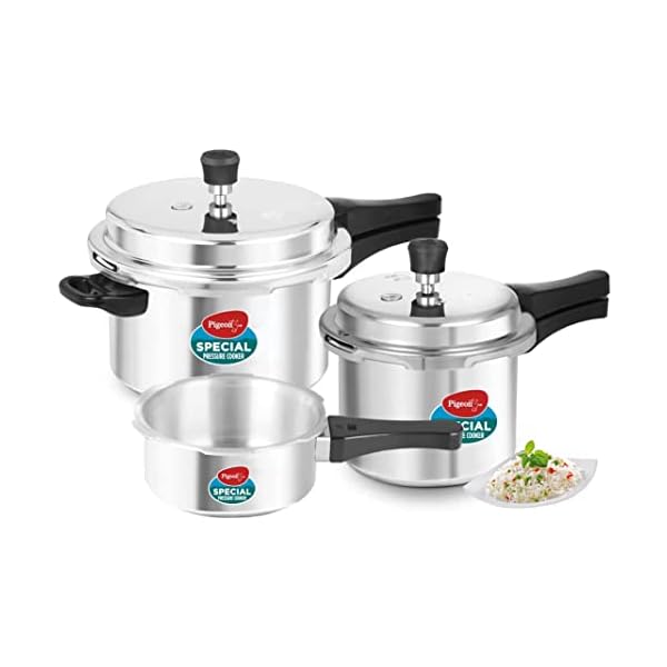 Pigeon by Stovekraft Aluminium Outer Lid Pressure Cooker Combo 2 litre, 3 litre, and 5 litre, Induction Base – 12685 (Silver)