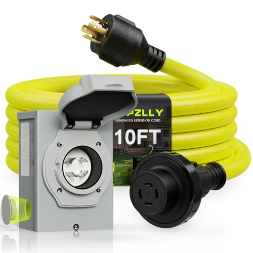 Campzlly 30 Amp Generator Cord 10FT and Power Inlet Box, NEMA L14-30P/L14-30R 125/250V Twist Lock Connector with Pre-Drilled NEMA L14-30P Generator Inlet Box for Generator to House, ETL Listed