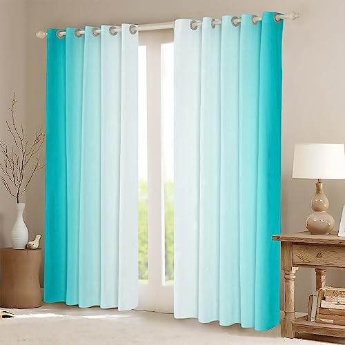 Homemissing Teal Blue and White Darkening Drapes Gradient Style Curtains for Bedroom Living Room For Kids Women Men Ombre 30%-50% Blackout Curtains Geometric Window Treatments W46*L72 - Image 2