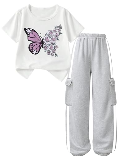 Image of Girls 2 Piece Outfit, Graphic Short Sleeve T-Shirt and Cargo Jogger Sweatpants Set, Ages 4-13