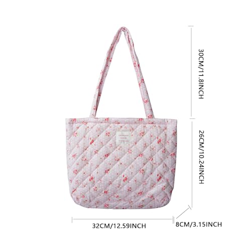 Image of Floral Quilted Cotton Shoulder Bag for Women Daily Use Medium Size Handbag Large Capacity Thickened Design Tote