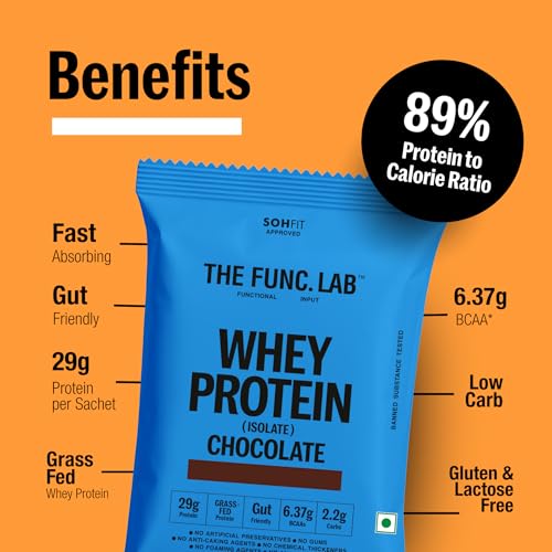 Image of The Func. Lab Whey Protein Isolate - Chocolate Travel Packs | (4 * 35g Sachets) Pack of 2 | Grass‑Fed, 29g Protein per Scoop | High Protein Supplement with Digestive Enzymes for better Absorption