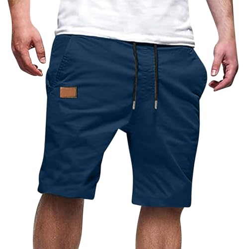 Image of Mens Casual Shorts Cotton Drawstring Summer Beach Stretch Hiking Golf Short Solid Color Joggers Shorts Pockets