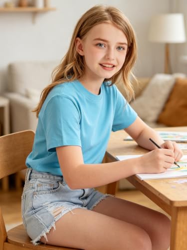 Image of HOTIAN Girls T Shirts 100% Cotton Short Sleeve Tops Kids Summer Casual Crewneck Basic Tees 3-14 Years