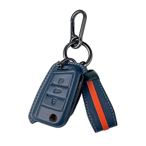Image of Keyzone Royal Leather Key Cover for Virtus, Kylaq, Slavia, Kodiaq, Kushaq, Taigun, Tiguan, Octavia, Jetta, Superb, Karoq, T-ROC flip Key (Celestial Blue)