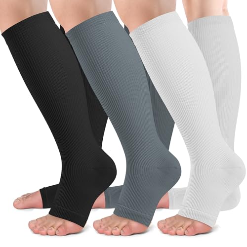 Image of bropite 3 Pairs Open Toe Compression Socks for Women, Support for Travel | Graduated 15-20 mmHg compression circulation,reduces swelling.3 pairs open toe design for travel,nurses,pregnancy comfort