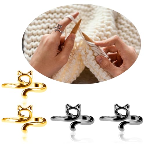 YUXIANLB Knitting Crochet Loop Ring for Fingers Metal Open Yarn Guide Crochet Rings Adjustable Braided Faster Knitting Thimbles Holders Accessories (2Black,2Gold)