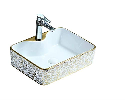 Image of InArt Designer Ceramic Wash Basin /Vessel Sink /Over or Above Counter Top Wash Basin for Bathroom Rectangle Shape Golden White 19 x 14 x 5 Inch