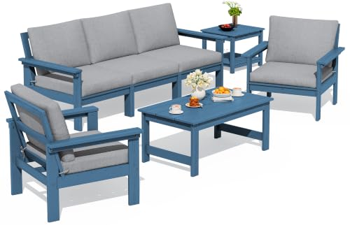Image of SERWALL HDPE Outdoor Patio Furniture Set Outdoor Couch | All Weather Outdoor Sectional with Coffee Table & Side Table, Blue Frame & Gray Cushions