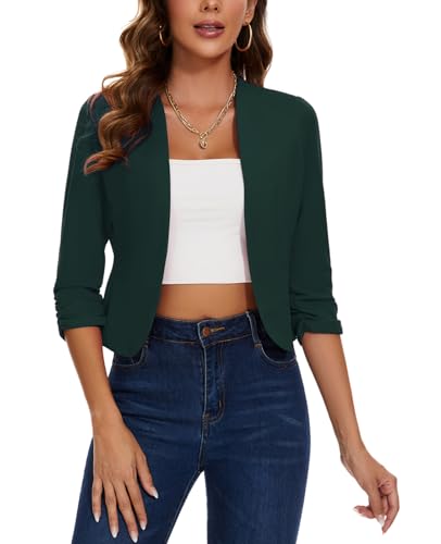 Womens Cropped Blazer 3/4 Ruched Sleeve Casual Work Office Open Front Lightweight Collarless Suit Jacket Blazer,Dark Green,L 5