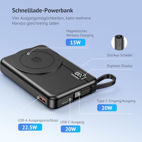 Magsafe Powerbank 10000mAh 22.5W Magnetische - Kabelloses Externe Handyakkus mit Typ-C-Eingang und -Ausgang USB-C, LED-Anzeige Kompatibel for iPhone 16 15 14 13 12 Pro Max Serie, Galaxy Muctsda