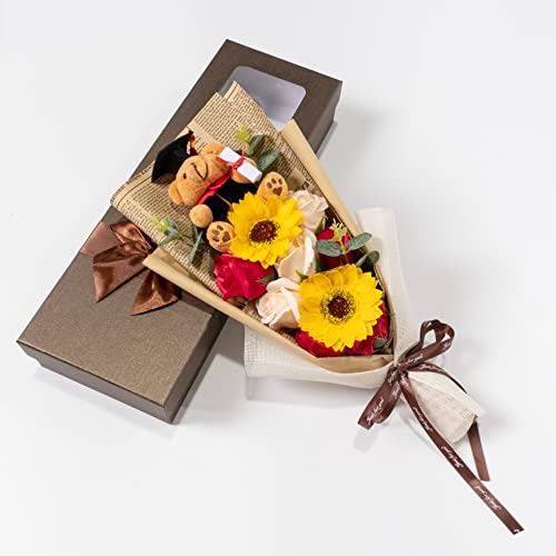 Ansuma 13' Graduation Rose Sunflower Scented Soap Flower Bouquet Mini Plush Graduate Teddy Bear with Grad Cap Floral Arrangements Gift Box for Graduation Party Favors Supplies (Red)