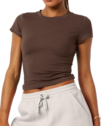Women's Basic Summer Short Sleeve Crewneck T-Shirts Y2K Cute Going Out Tops Baby Tee(Brown,Small)