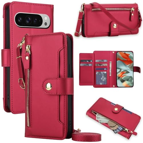 Étui portefeuille en cuir premium rouge pour Google Pixel 9 5G