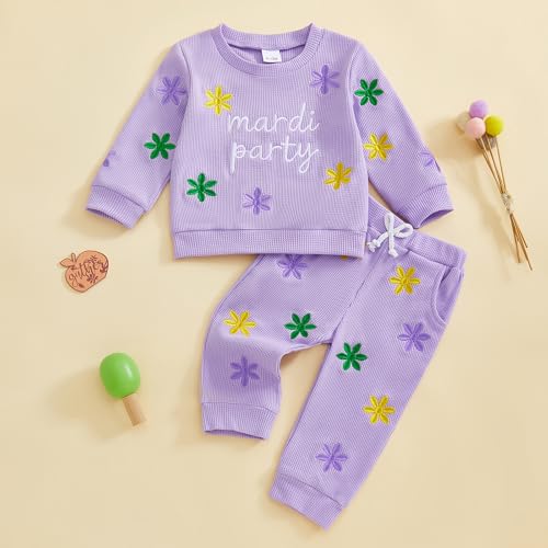 Image of Toddler Baby Boy Girl St Patricks Day Outfit Lucky Embroidery Waffle Long Sleeve Sweatshirt Pants Spring Clothes Set
