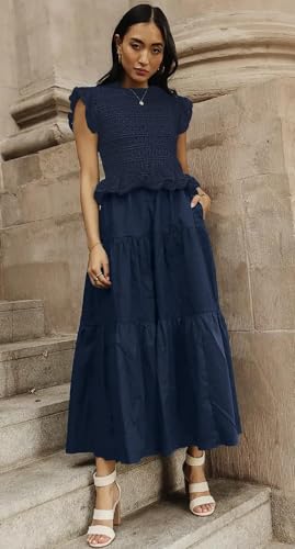 Image of Women's 2025 Summer Causal Ruffle Sleeve Crochet Knit Tops Long Dress for Ladies Fall Trendy Tiered Dress
