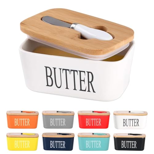Image of Ceramic Butter Dish with Wooden Lid and Stainless Steel Knife, Large Butter Container Keeper with Bamboo Cover and Silicone Sealing Ring for West and East Coast Butter (White)