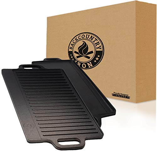 Backcountry Cast Iron Skillet 20x9  (Large Reversible Grill Griddle, Pre-Seasoned for Non-Stick Like Surface, Cookware Oven Broiler Grill Safe, Kitchen Deep Fryer, Restaurant Chef Quality)