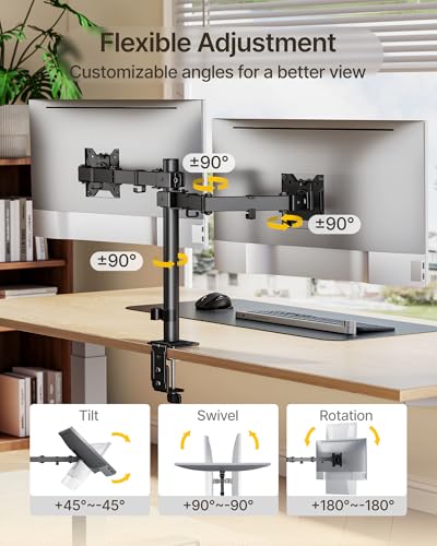Image of monTEK Dual Monitor Stand for 17 inch-32 inch Computer, Adjustable Height Stable Monitor Mount Fit up to 32 inch Screen, Hold up to 22lbs Weight, C-Clamp and Grommet, VESA 75x75mm /100x100mm